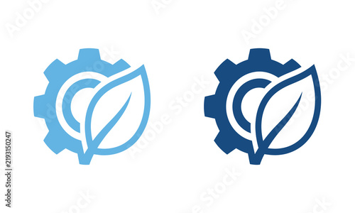 Eco gear icon set, industrial sustainability and green technology symbols