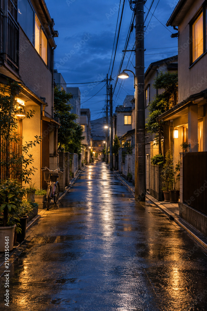 Fototapeta premium Quiet Japanese residential alley after rain at blue hour