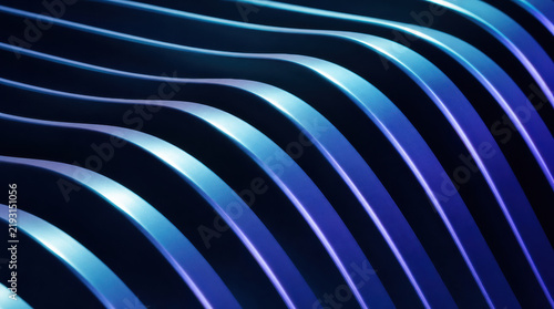 Eight broad satin metal fins arranged vertically with front edges bending together create futuristic abstract pattern blue and purple light, conveying sleekness, motion, and modern industrial