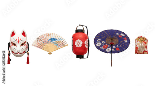 Traditional japanese cultural items including fox mask, fans, lantern, and parasol on transparent background for design and decoration