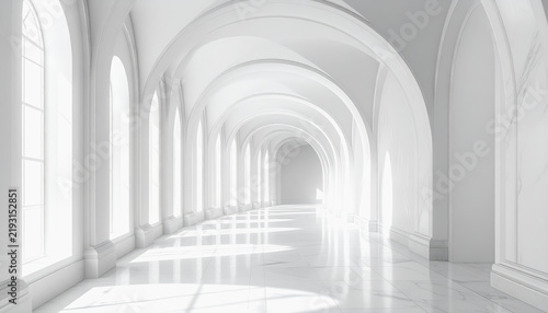 Bright white hallway with arched windows and marble floor