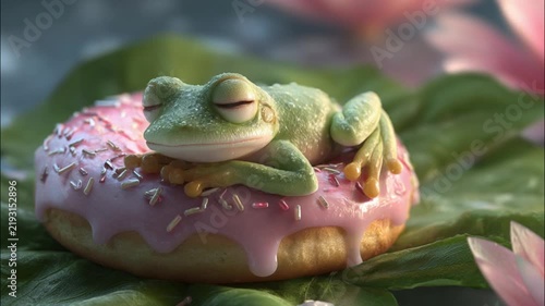 Green frog sitting atop pink sprinkled doughnut on leafy surface with vibrant natural lighting