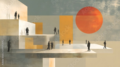 Abstract geometric cityscape with silhouettes of people and bold sun in warm tones