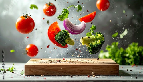 Fresh Vegetables Falling on Wooden Cutting Board.