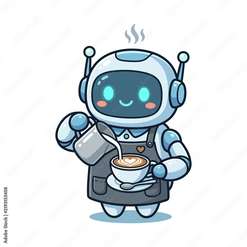 Obraz premium Cute robot barista pouring milk into a coffee cup with latte art in a digital illustration
