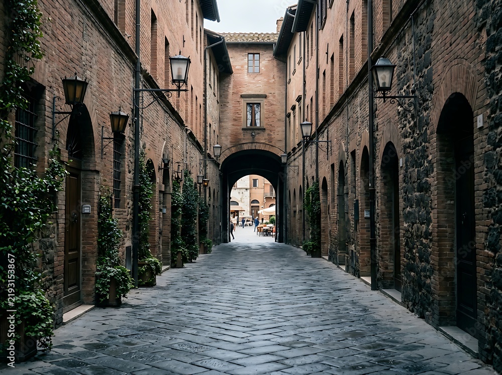 Obraz premium Narrow historic cobblestone alleyway between old brick buildings in Italy