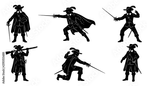 Bild auf Leinwand Historical musketeer character silhouette collection with swords capes hats and
