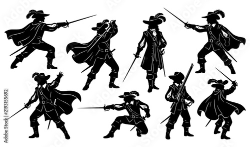Foto Dynamic musketeer silhouette set featuring sword fighting characters in historic