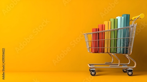 Shopping Cart with Colorful Books on Bright Yellow Background