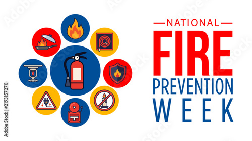 National Fire Prevention Week Banner with Flat Vector Icons of Fire Extinguisher, Smoke Detector, Alarm, and Safety Equipment on White Background