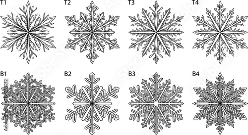 Detailed winter snowflake crystal ornament silhouettes collection isolated vector illustrations for christmas holiday seasonal decoration patterns