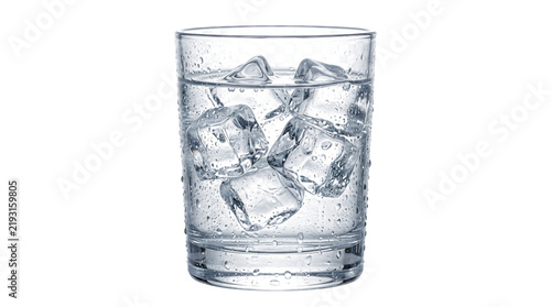Glass of ice water with condensation on white background
