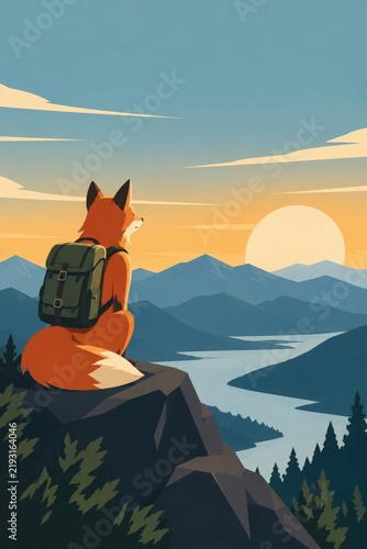 Retro travel poster illustration of a stylish fox with backpack sitting on a mountain cliff, watching a golden sunset over layered peaks, lake and forest