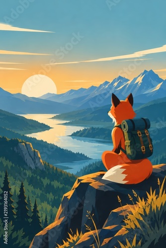 Vintage travel poster illustration of an adventurous fox with backpack above a mountain valley, watching sunset over alpine peaks, forests and lake
