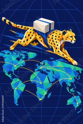 Low poly cheetah carrying a package across a world map, representing global logistics, express delivery, international shipping and rapid transportation