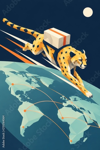 Low poly cheetah carrying a parcel above a world map, symbolizing global delivery, international logistics, rapid shipping and transportation worldwide