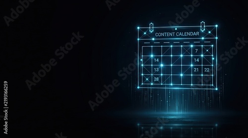 Glowing blue wireframe content calendar showcases futuristic digital planning for AI, tech innovation, and high-tech marketing campaigns against dark background