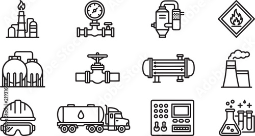 Industrial Icons Set: Chemical Plant, Valve, Gauge, Truck, Safety Gear, Control Panel, Flasks, Factory, Heat Exchanger, Hazard Symbol