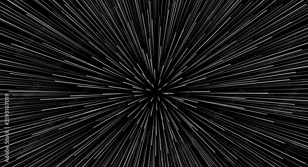 Fototapeta premium Monochrome Hyperdrive Starburst Motion Blur Radial Lines on Black Background for Speed and Space Travel Warp Concept