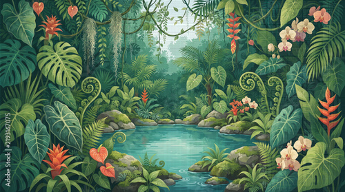 Tropical rainforest botanical ecosystem illustration with diverse exotic plants and foliage