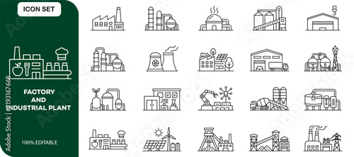 Factory Industrial Plant Line Icon Set. Manufacturing Chemical Refinery Outline Collection with Warehouse, Power Plant, Mining, Robotics and Solar Panel Icons. Editable Stroke Vector