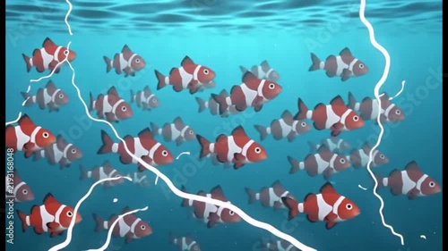 The fish swim in one school, and lightning flashes around them.
