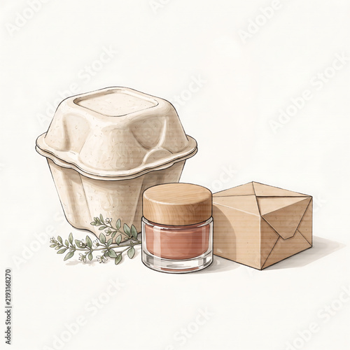 Sustainable cosmetic packaging set with glass jars and bamboo lids on a minimalist background