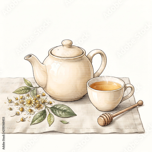 Ceramic teapot and teacup with steaming hot tea on a wooden table in a minimalist kitchen setting