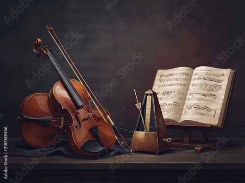 Violin and cello bows arranged in a minimalist flat design illustration on a solid background