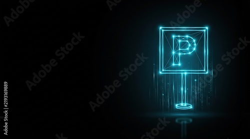 Striking 3D glowing blue wireframe parking symbol on dark tech background ideal for AI, digital innovation, and futuristic high-tech projects showcasing modern design elements