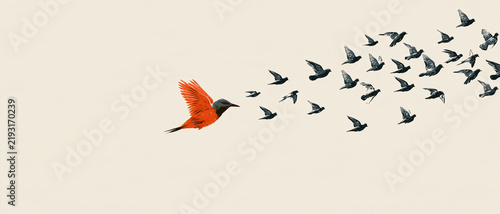 Vibrant orange bird leading a flock of black birds across a serene off-white background, symbolizing leadership, individuality, and breaking away from the norm in a visually striking and