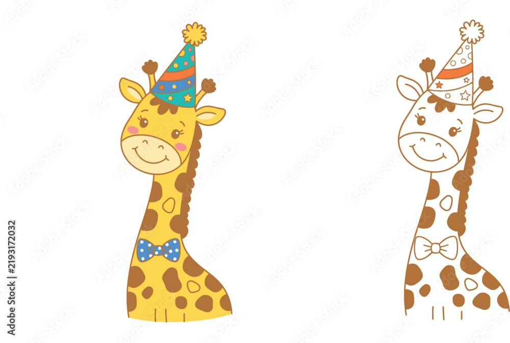 Fototapeta premium Cute Cartoon Giraffe Portrait Wearing a Polka Dot Party Hat and Bow Tie - Vector Illustration