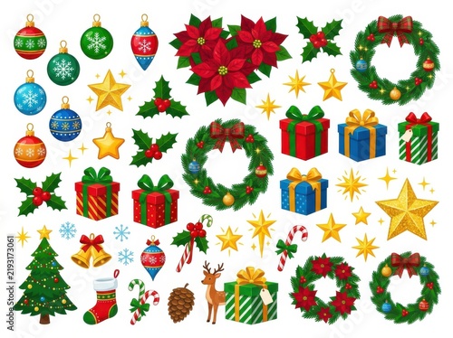 Set of colorful christmas ornaments and holiday decoration elements isolated