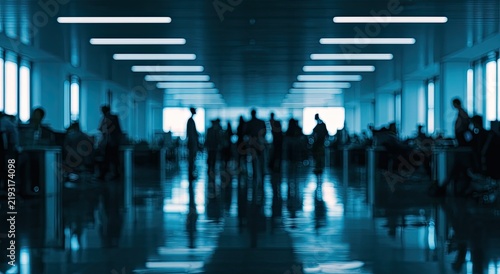 Modern Office Interior with Silhouetted Figures and Fluorescent Lighting.