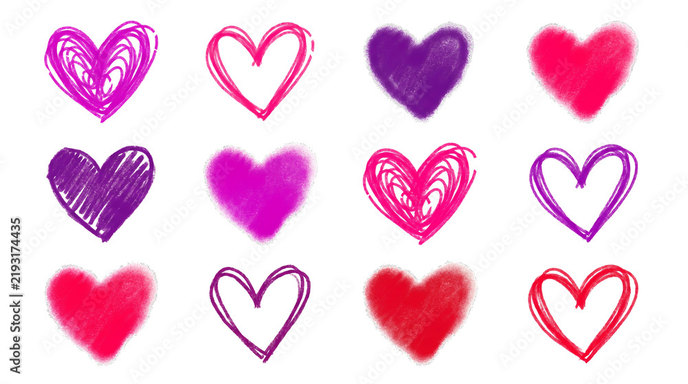 Fototapeta premium Set of hand-drawn colorful heart icons, transparent background