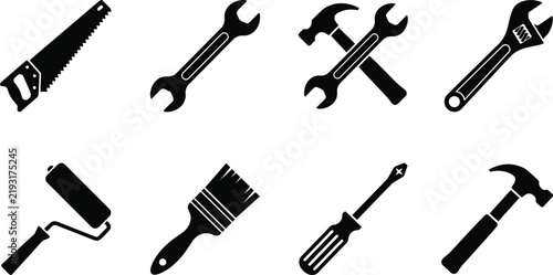 Hardware repair tool icon set featuring saw wrench hammer screwdriver paint roller and brush silhouette symbols