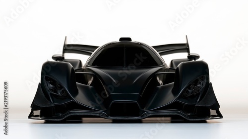 Front View of a Sleek Matte Black Futuristic Hypercar with Aerodynamic Design on White Background
