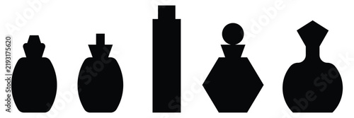Five black perfume bottle silhouettes