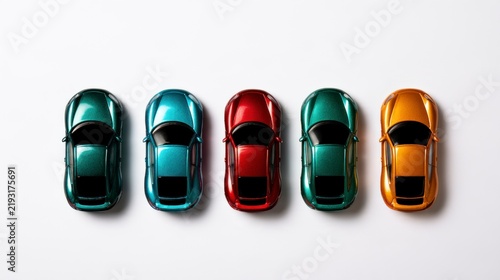 Row of five colorful metallic toy sports cars in a top-down view isolated on white background