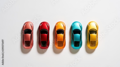 Top view of five colorful miniature toy sports cars lined up on a white background