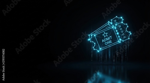 Glowing blue wireframe holographic ticket symbolizing cutting-edge AI, digital science, and high-tech innovation against dark tech background perfect for futuristic projects.