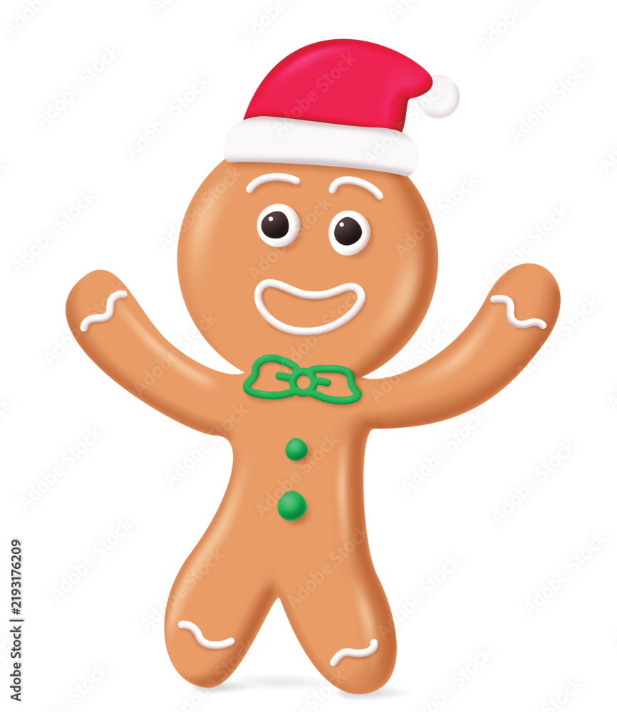 Obraz premium Cute 3D Gingerbread Man Cookie Character Wearing a Santa Hat Isolated on White Background