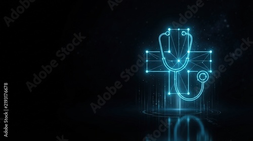 Glowing blue wireframe medical hologram symbolizes advanced AI-driven healthcare tech against dark background perfect for digital science and high-tech innovation projects.