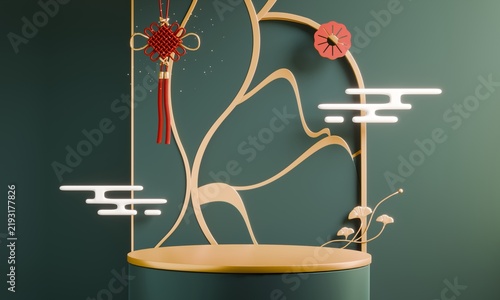 Chinese display stand with a chinaese decoration for present product,Green and red color Asia style background. 3D rendering