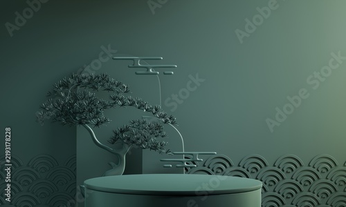 Chinese display stand with a chinaese decoration for present product,Green and red color Asia style background. 3D rendering