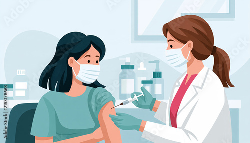 Vaccination illustration showing doctor giving injection to woman patient wearing masks