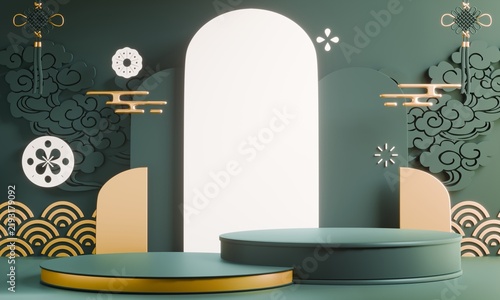 Chinese display stand with a chinaese decoration for present product,Green and red color Asia style background. 3D rendering