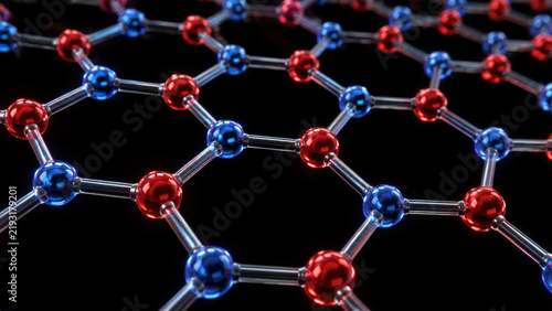 Graphene molecular lattice structure with hexagonal cell pattern featuring red and blue atom node on dark background, nanotechnology concept scientific illustration