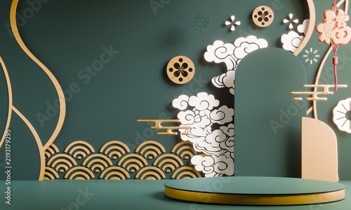Chinese display stand with a chinaese decoration for present product,Green and red color Asia style background. 3D rendering
