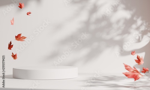 Circle podium stand on Autumn scene and red maple leaves. 3D rendering